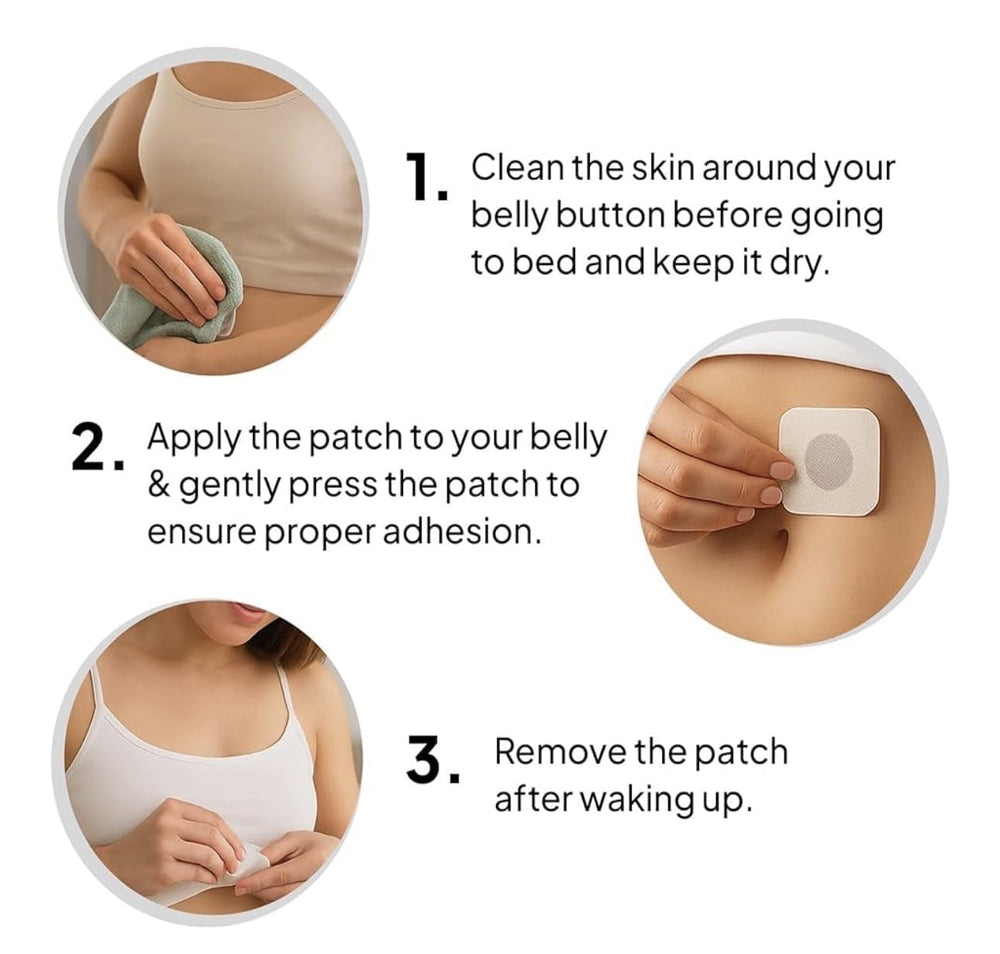 QUOLYVATE Ozem patch near the navel ready for overnight wear and easy removal.