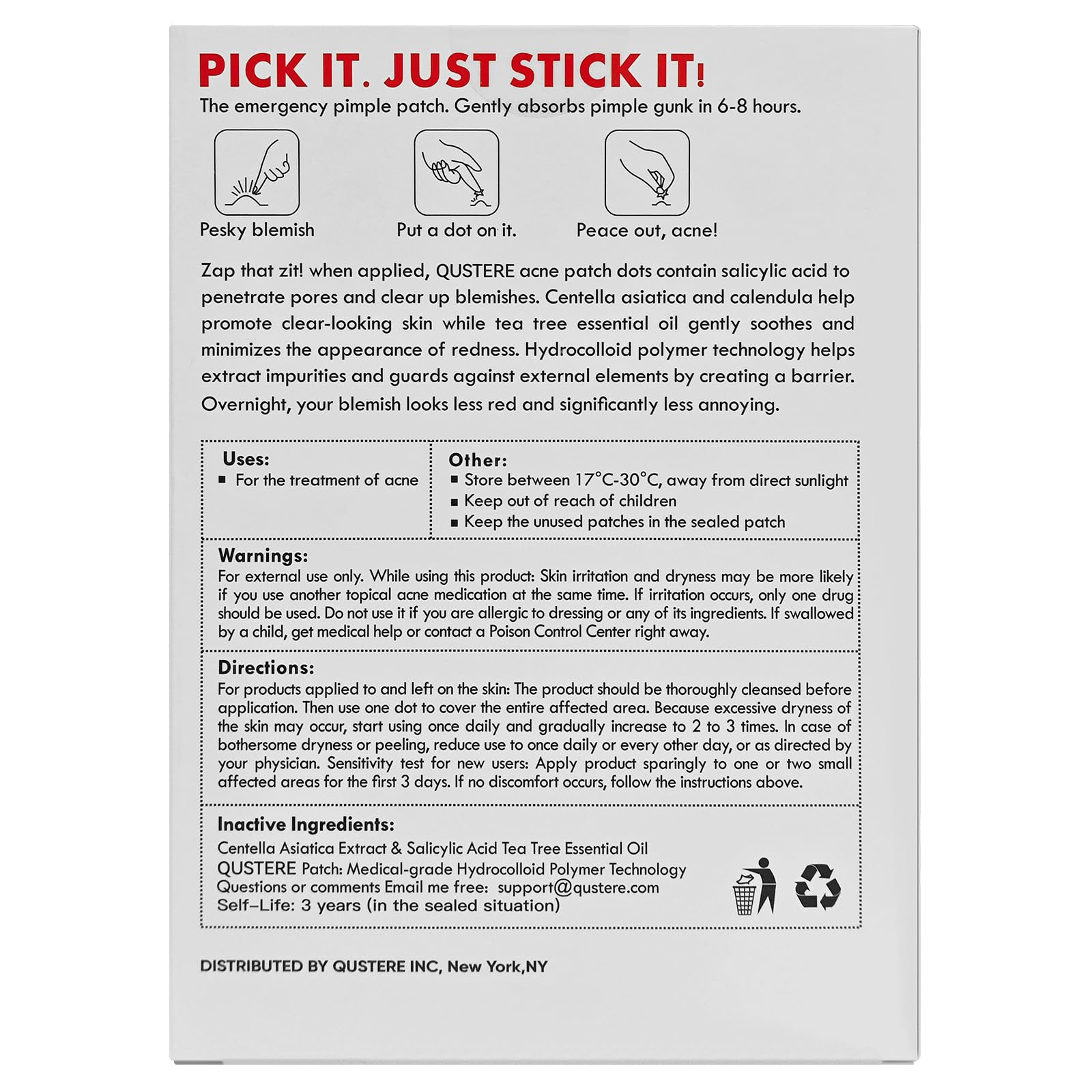 QUSTERE pimple patches in five colors for versatile coverage and style.