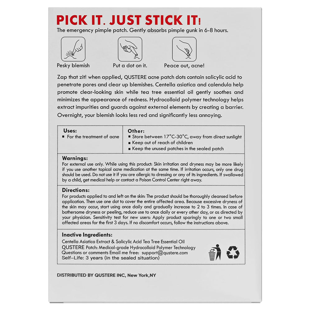 QUSTERE pimple patches in five colors for versatile coverage and style.