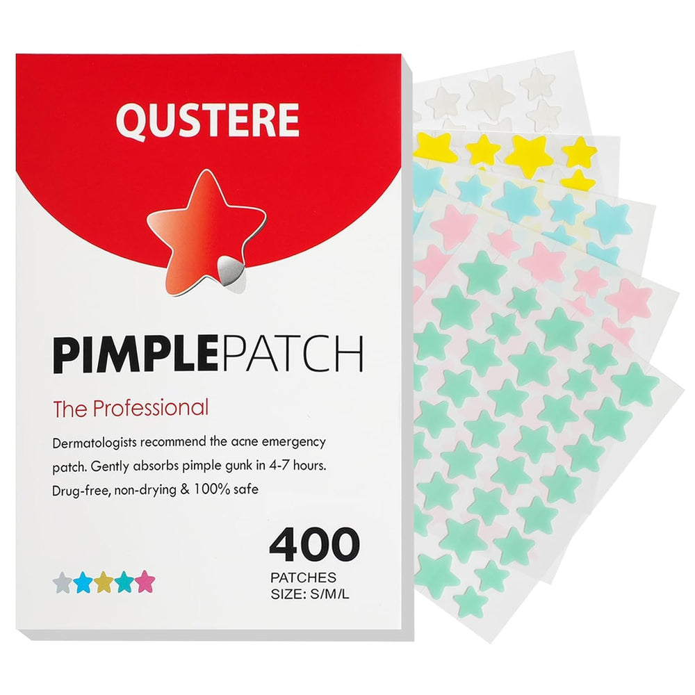 QUSTERE pimple patches 400-count pack with star shapes for discreet acne care and absorption.