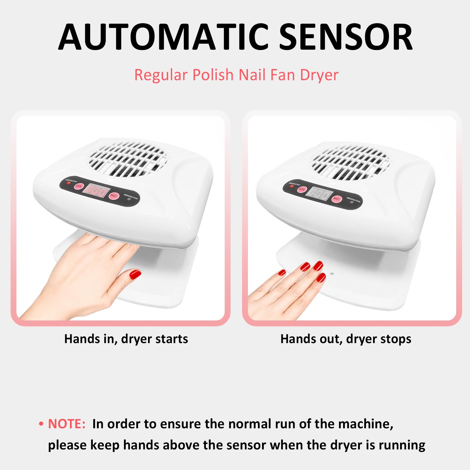 QUTUNI nail dryer sensor-activation demonstrates hands-free start for quick drying.