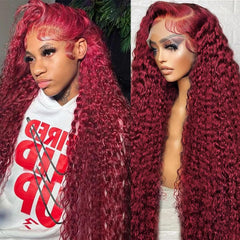 QWedafy Burgundy wig 99J deep wave lace front enhances natural parting.