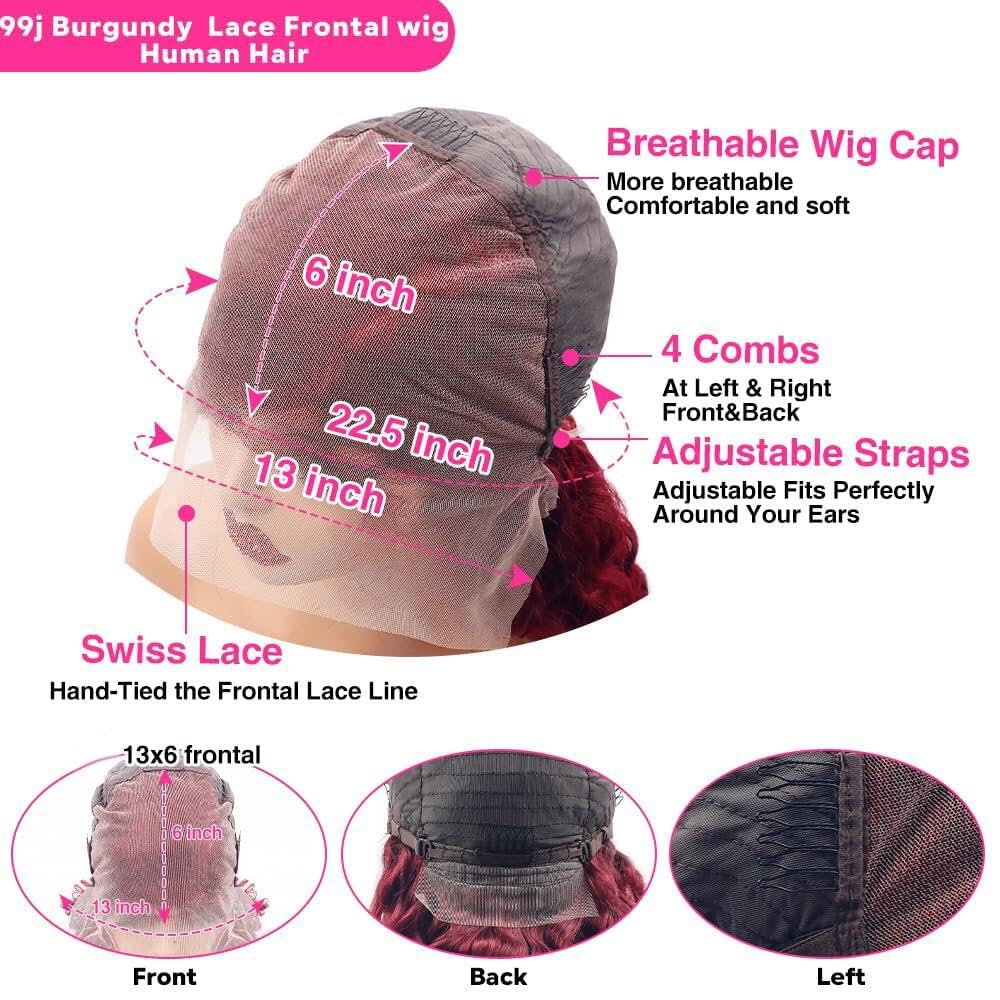 QWedafy Burgundy wig 13x6 lace front cap detail offers breathable, secure fit.
