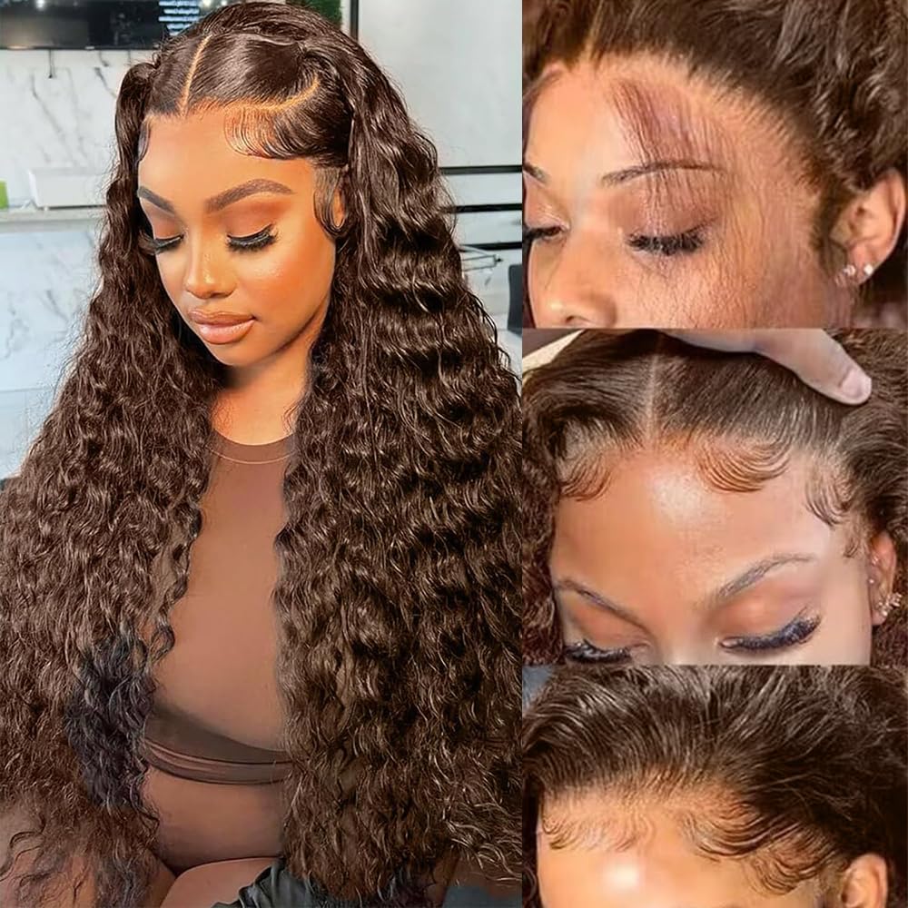 QWedafy chocolate brown lace front wig 13x6 deep wave front view blends with skin for seamless styling.