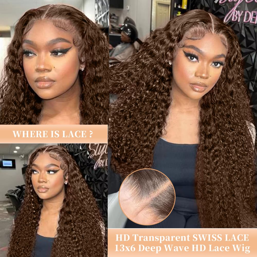 QWedafy chocolate brown lace front wig 13x6 deep wave side view shows natural movement and fullness.