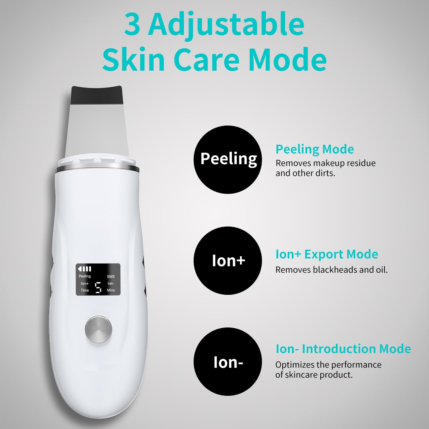 QYCSL Face Scrubber LED display shows battery life and mode