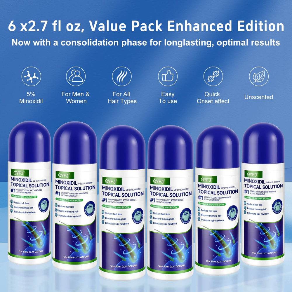 QYFJ minoxidil bottle on nightstand ready for daily use.