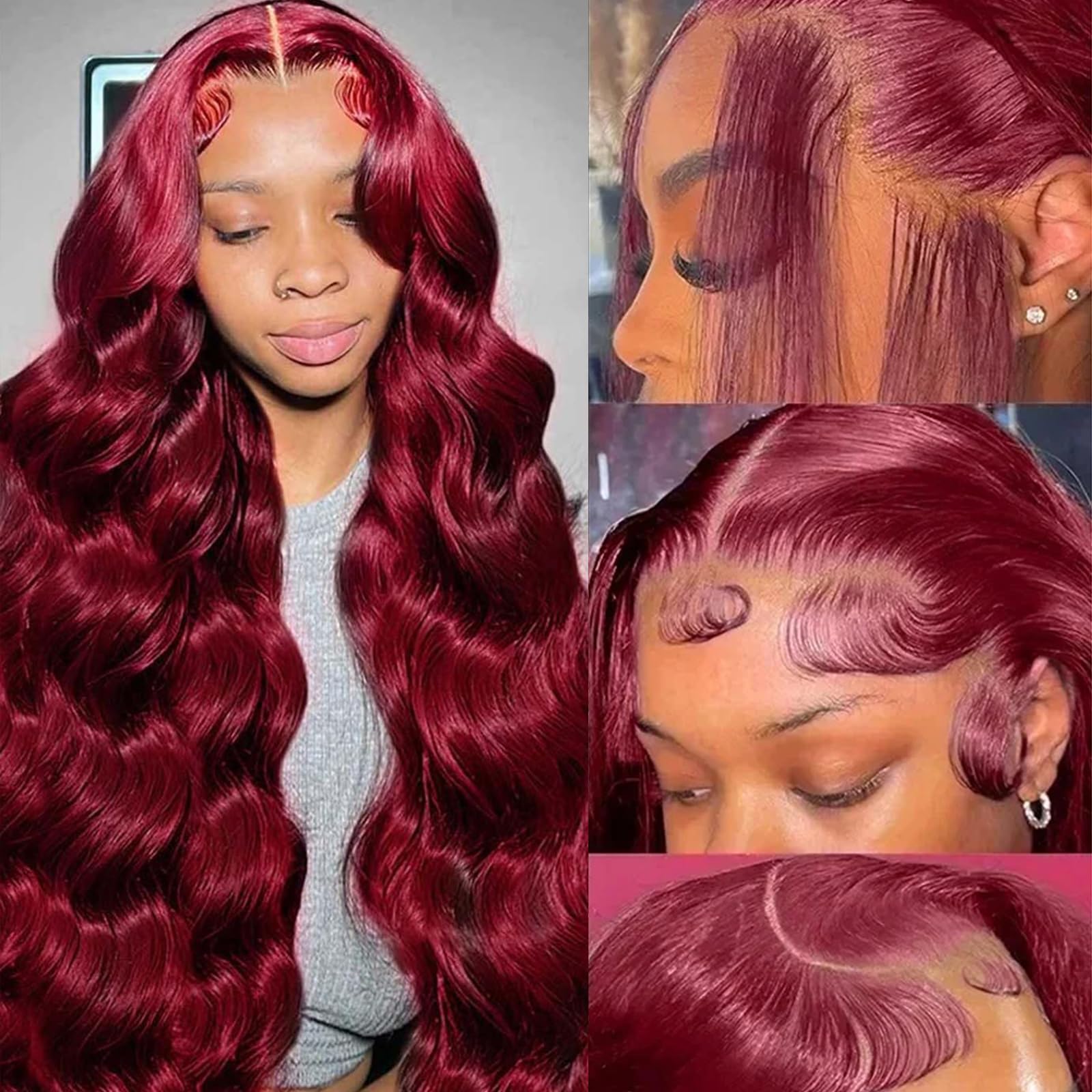 QZOQZO burgundy lace-front wig closeup with HD lace for natural scalp blend.