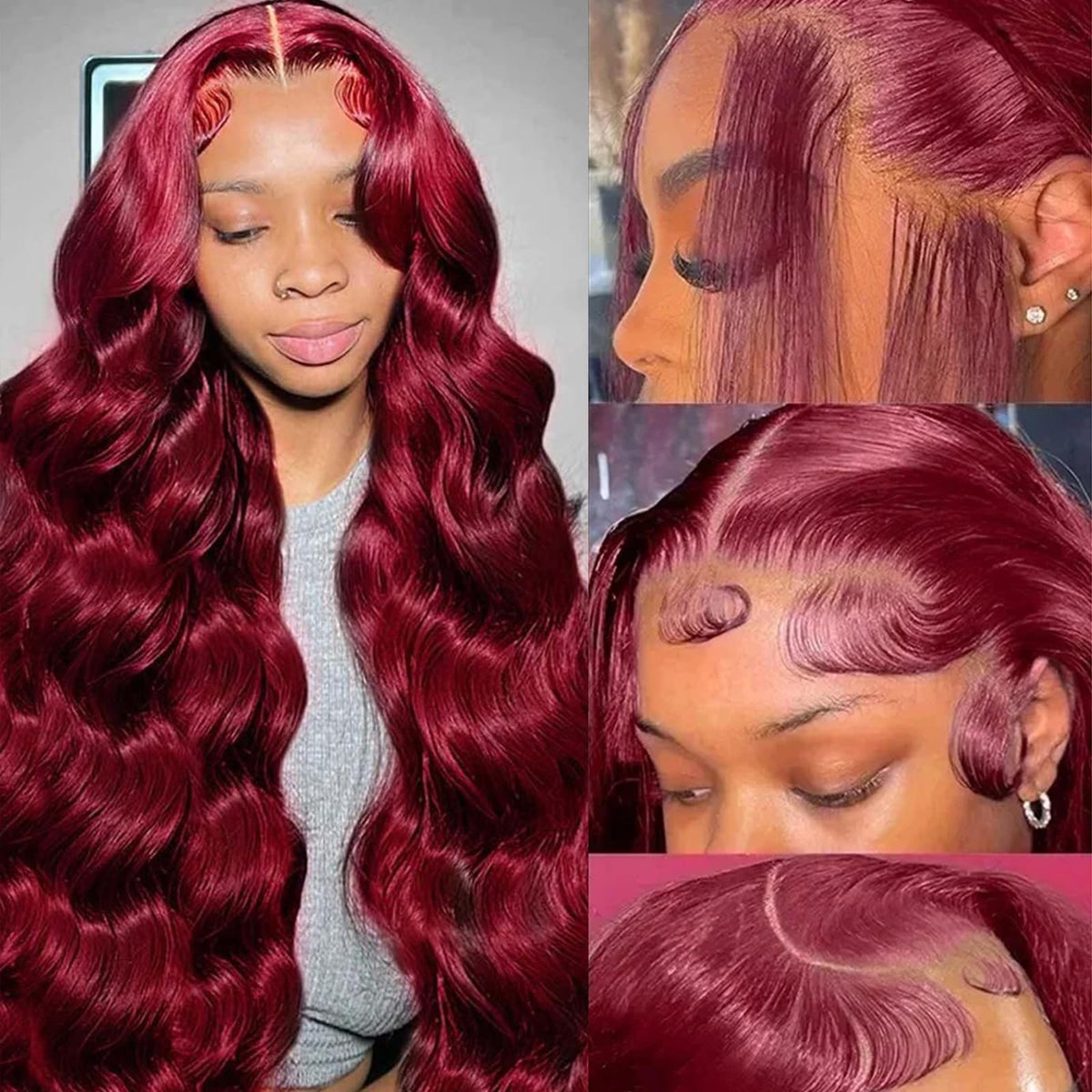 QZOQZO burgundy lace-front wig closeup with HD lace for natural scalp blend.