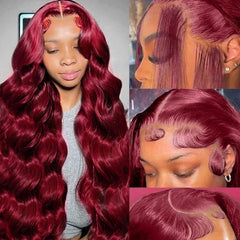 QZOQZO burgundy lace-front wig closeup with HD lace for natural scalp blend.