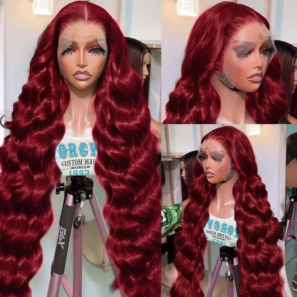 QZOQZO burgundy lace-front wig cap closeup showing transparent lace and pre-plucked hairline.