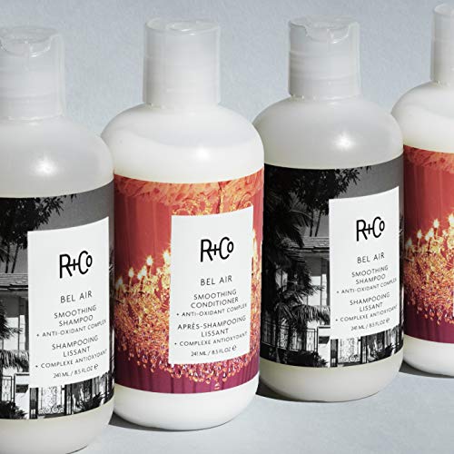 R+Co BEL AIR anti-oxidant complex close-up emphasizing shine and frizz control.