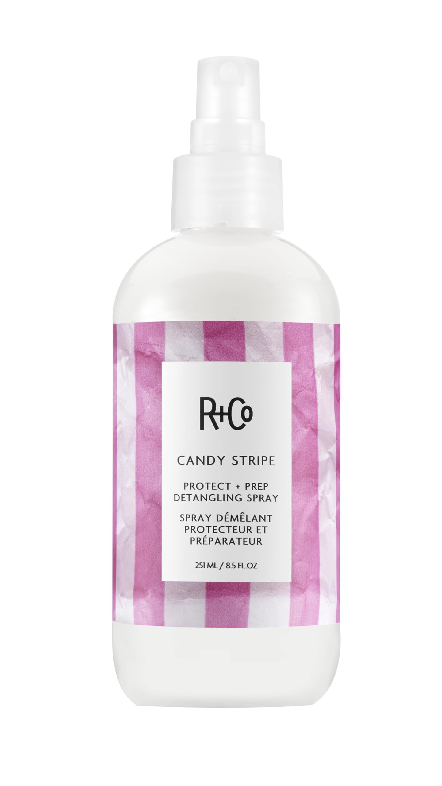 R+Co Candy Stripe detangling spray bottle for effortless detangling.