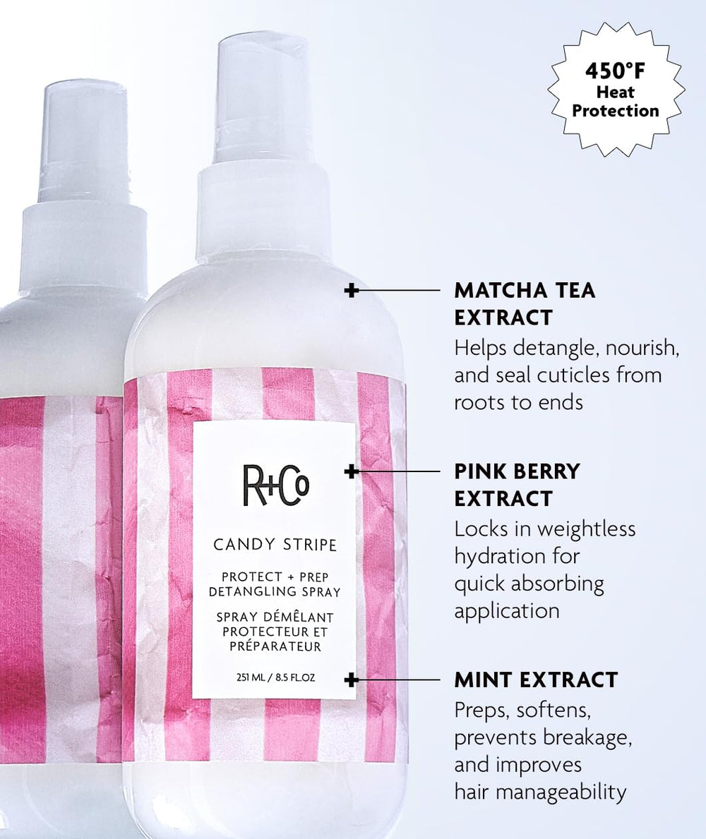 R+Co Candy Stripe spray demonstrates even application across hair.
