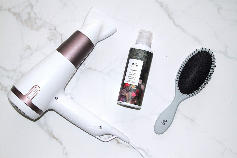 R+Co CENTERPIECE lemon peel extract visuals suggest smoothing shine and soft texture.