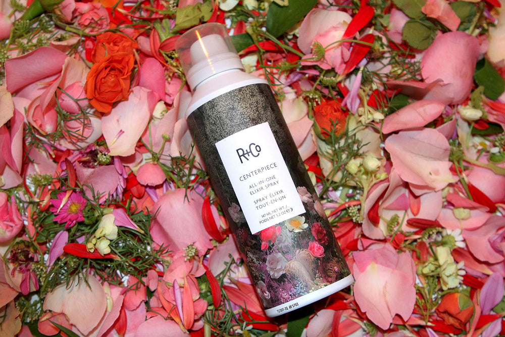 R+Co CENTERPIECE spray action demonstrates even mist for frizz control.