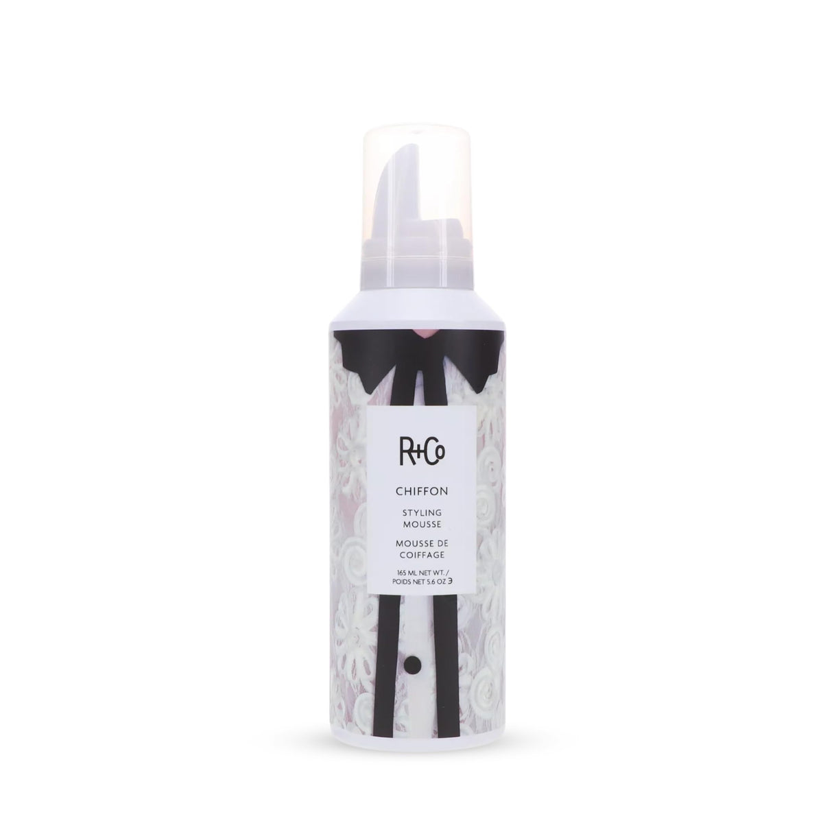 R+Co Chiffon Styling Mousse dispensing pump shows light foam for volume boost