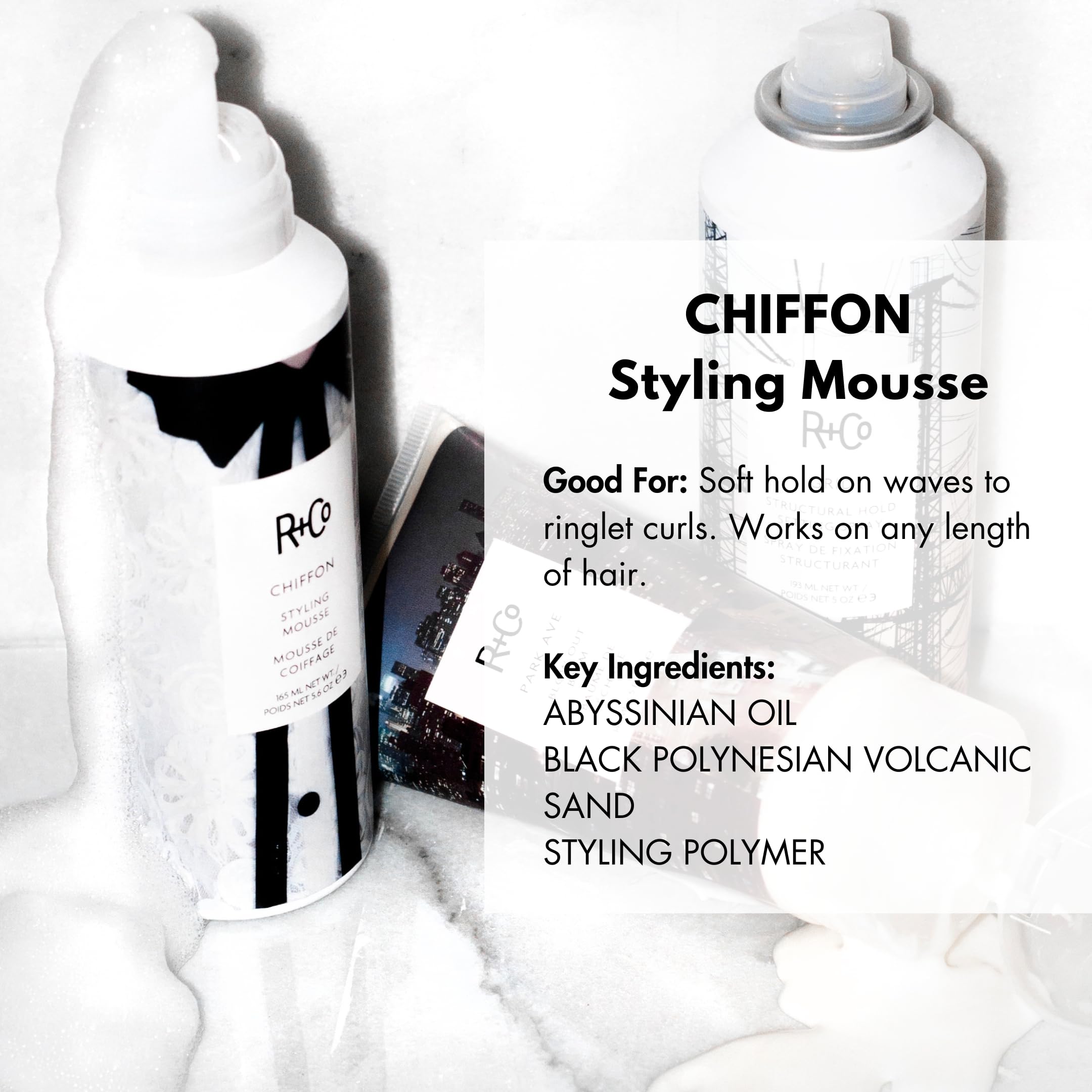 R+Co Chiffon Styling Mousse application close-up on hands for shaping texture