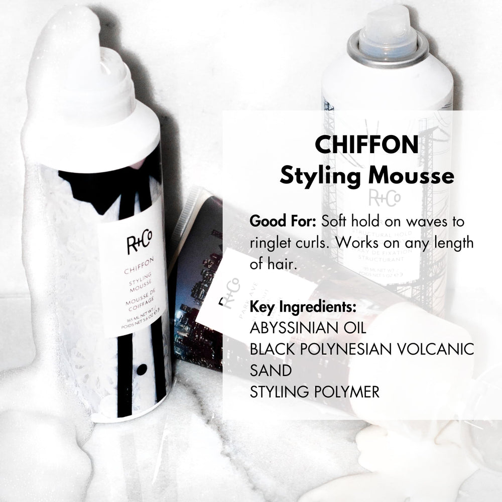 R+Co Chiffon Styling Mousse application close-up on hands for shaping texture