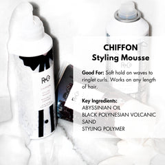 R+Co Chiffon Styling Mousse application close-up on hands for shaping texture