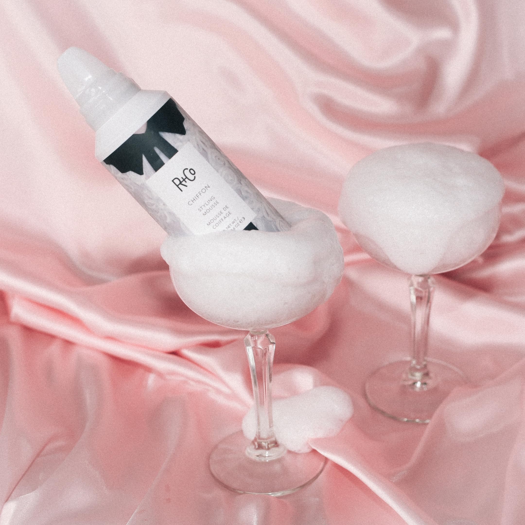 R+Co Chiffon Styling Mousse heat-protection effect with styling tools