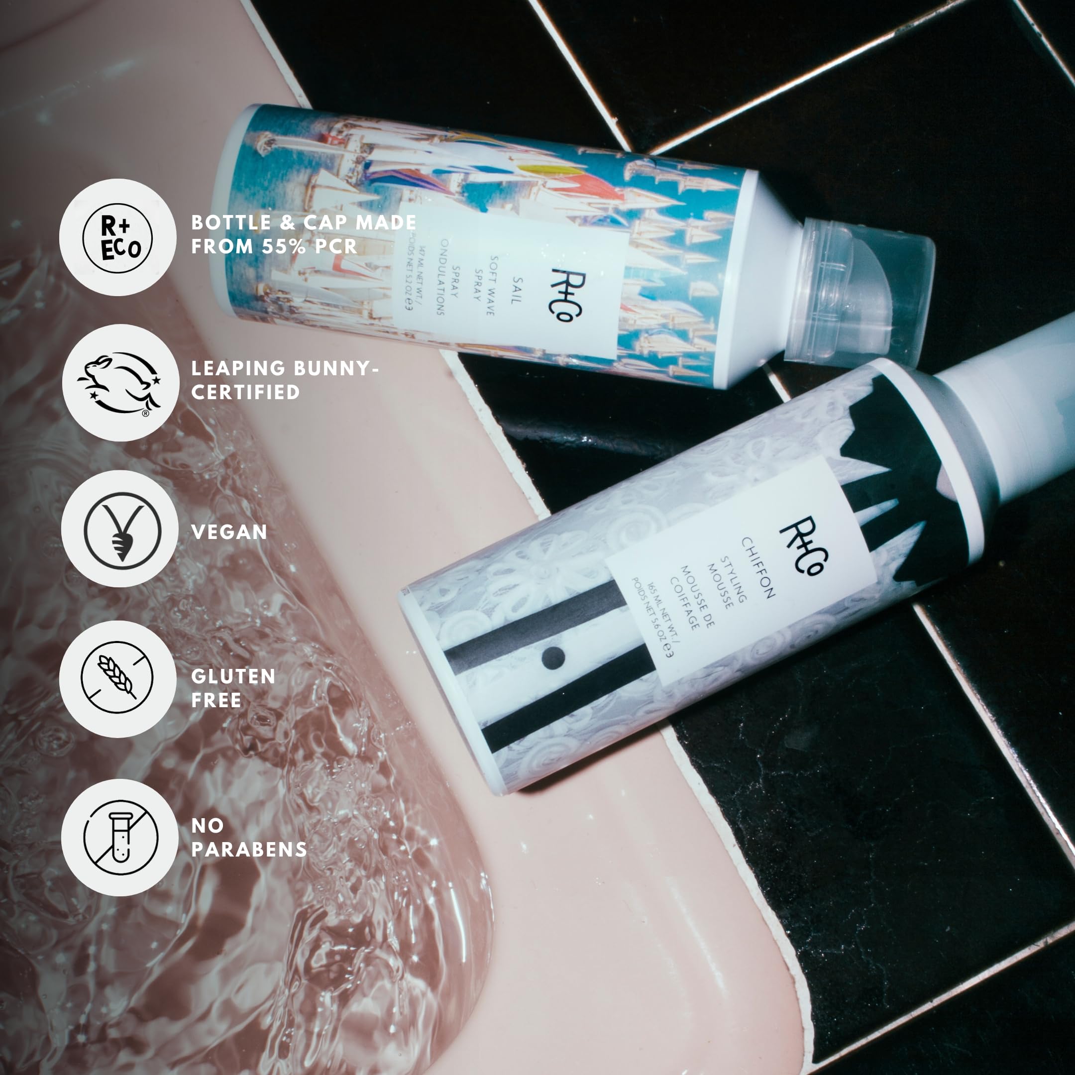 R+Co Chiffon Styling Mousse silky finish with added shine