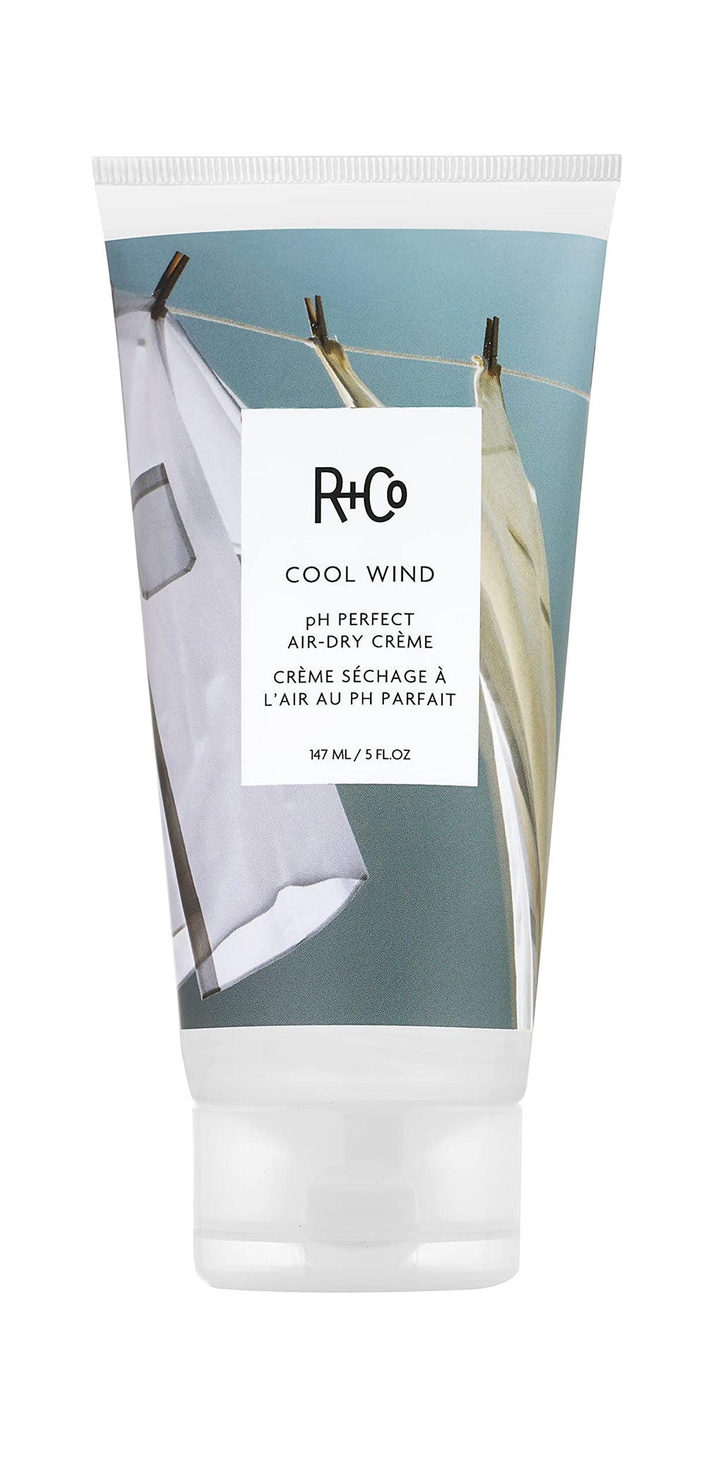 R+Co Cool Wind bottle front showing air-dry control for soft, frizz-free hair
