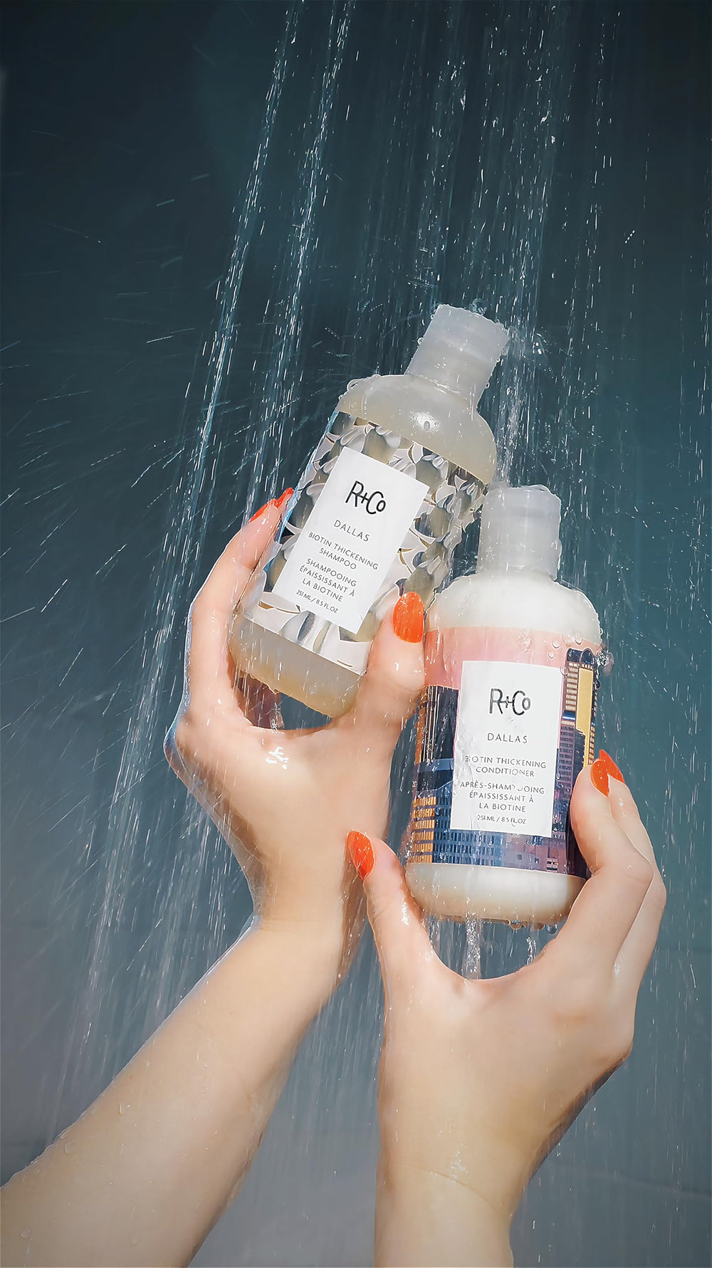 R+Co Dallas shampoo packaging closeup highlighting sleek design