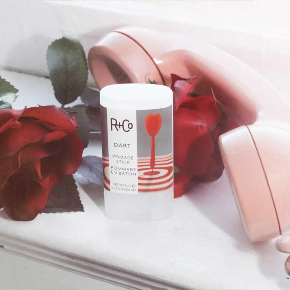 R+Co Dart Pomade Stick 2-pack display showcases value for frequent stylists.