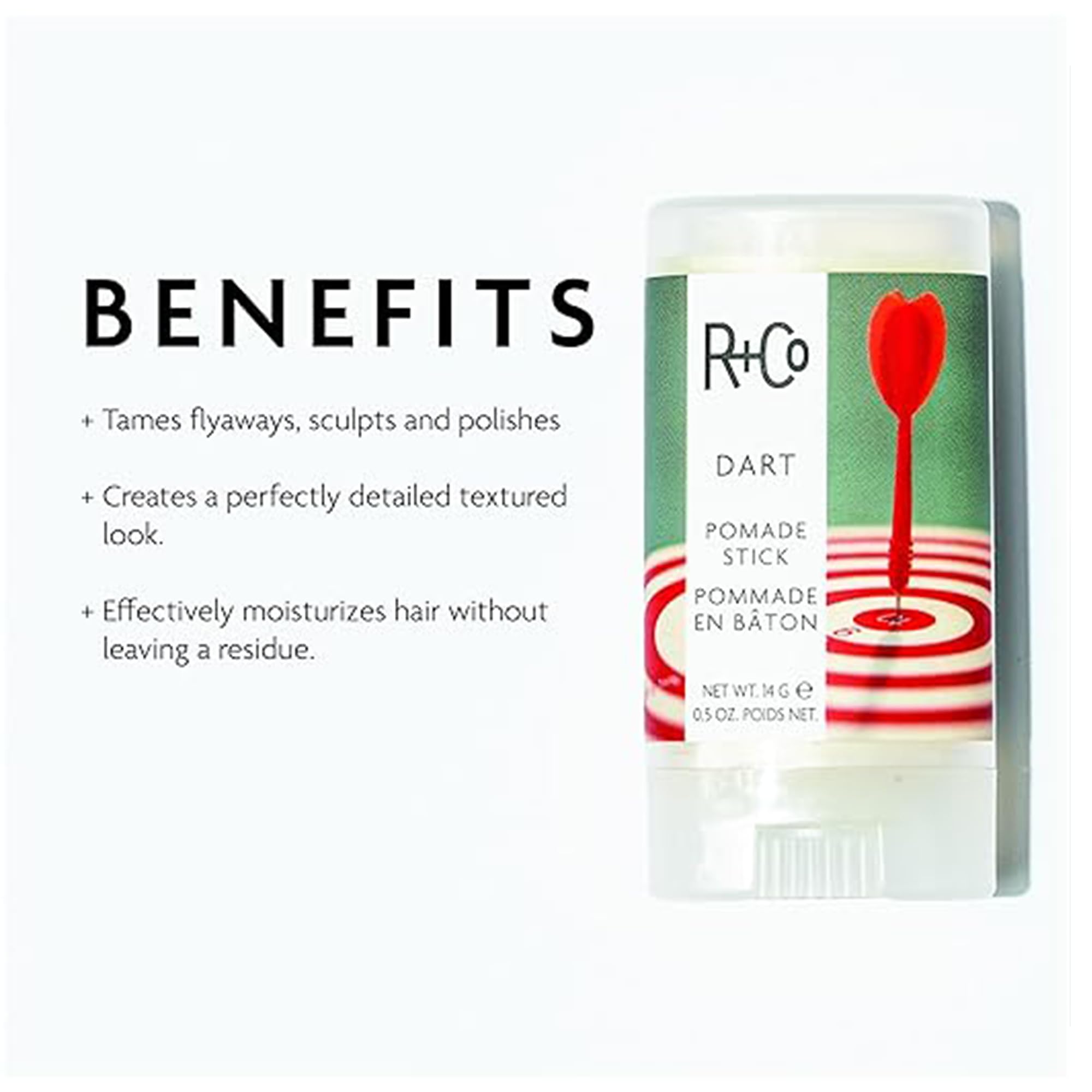 R+Co Dart Pomade Stick applied to hair showing smoothing and flyaway control.