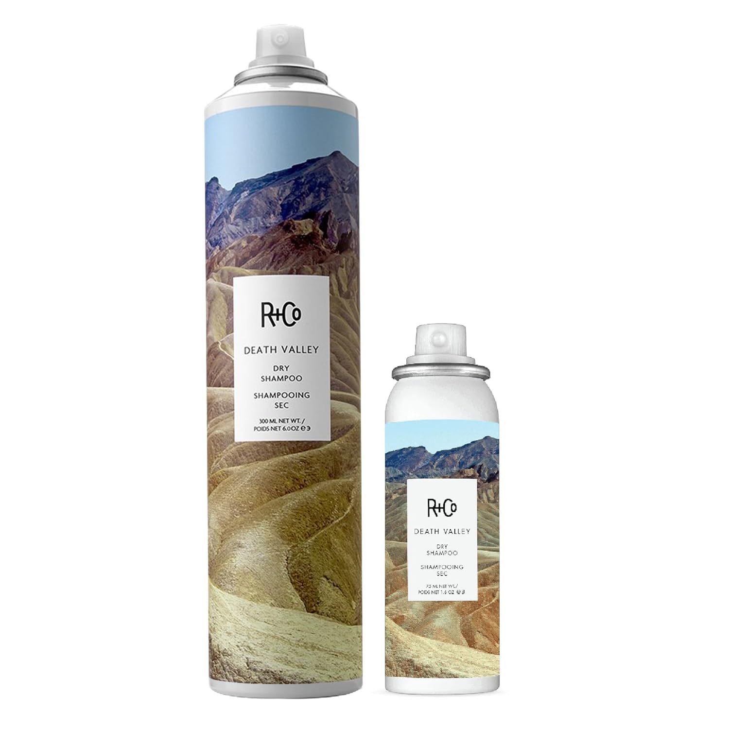R+Co Death Valley dry shampoo set packaging promotes easy refresh and travel-ready styling.