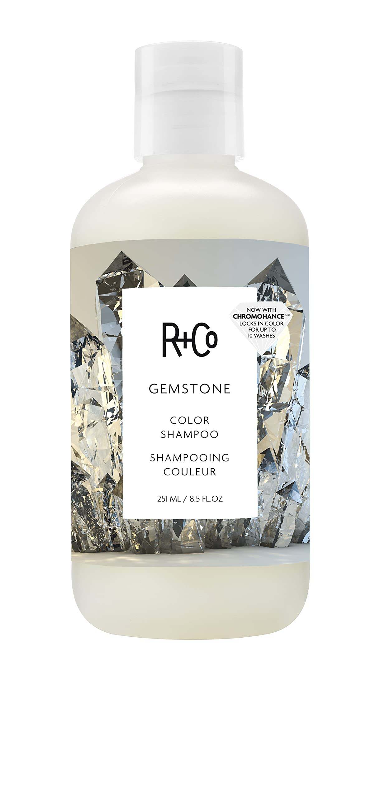 R+Co Gemstone bottle pours, color-preserving care in action for color longevity.
