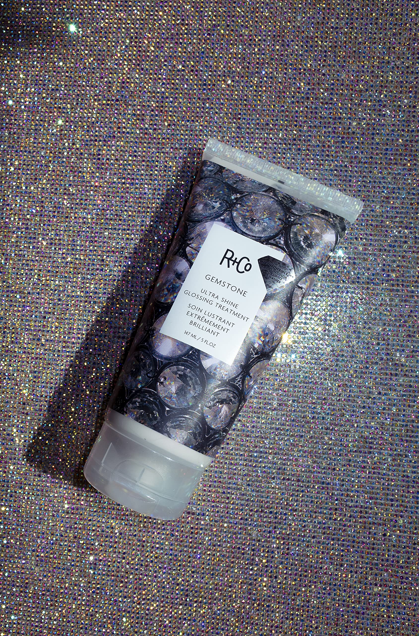 Glossy hair close-up after applying R+Co Gemstone Ultra Shine.