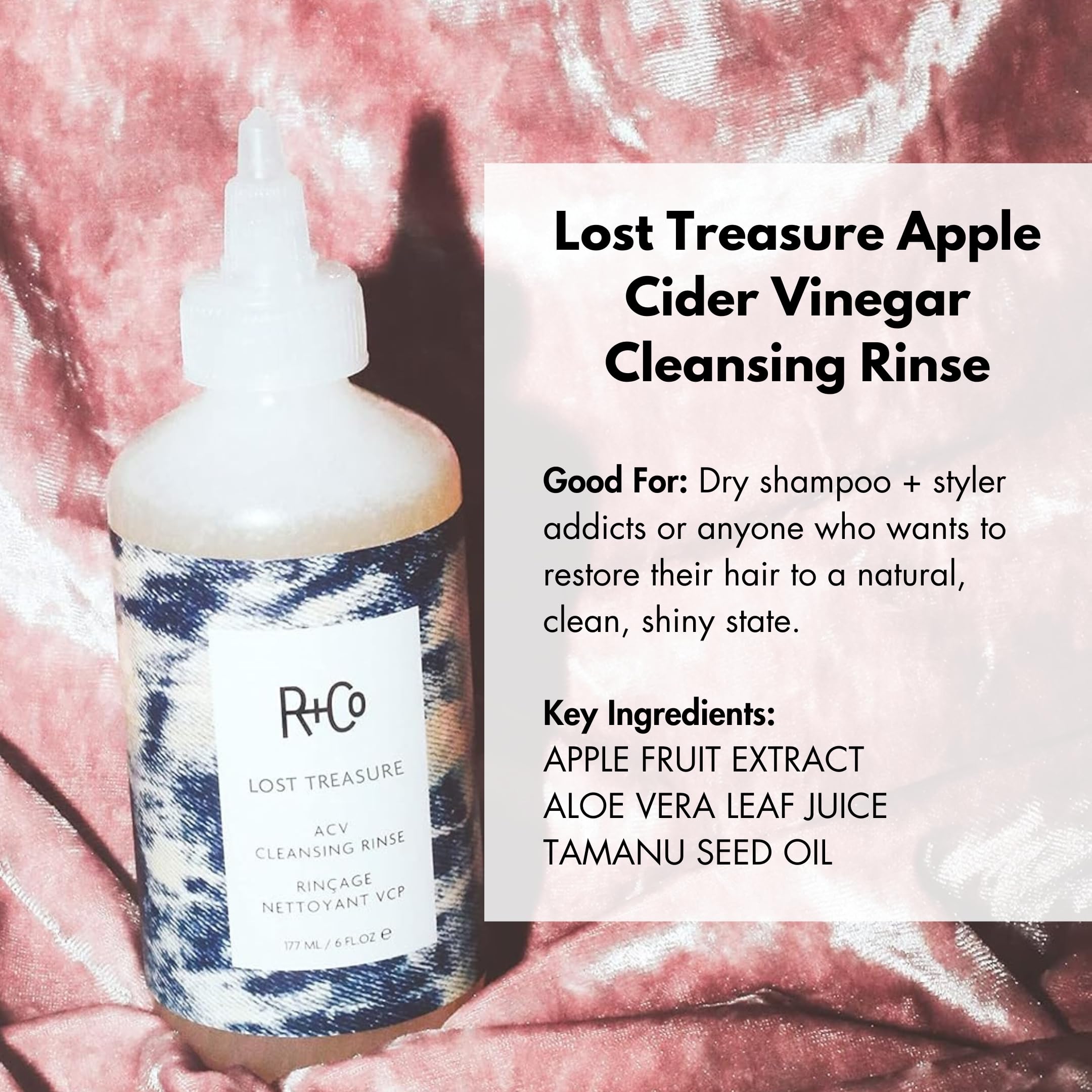 R+Co Lost Treasure ACV Cleansing Rinse label shows nourishing formula for shine