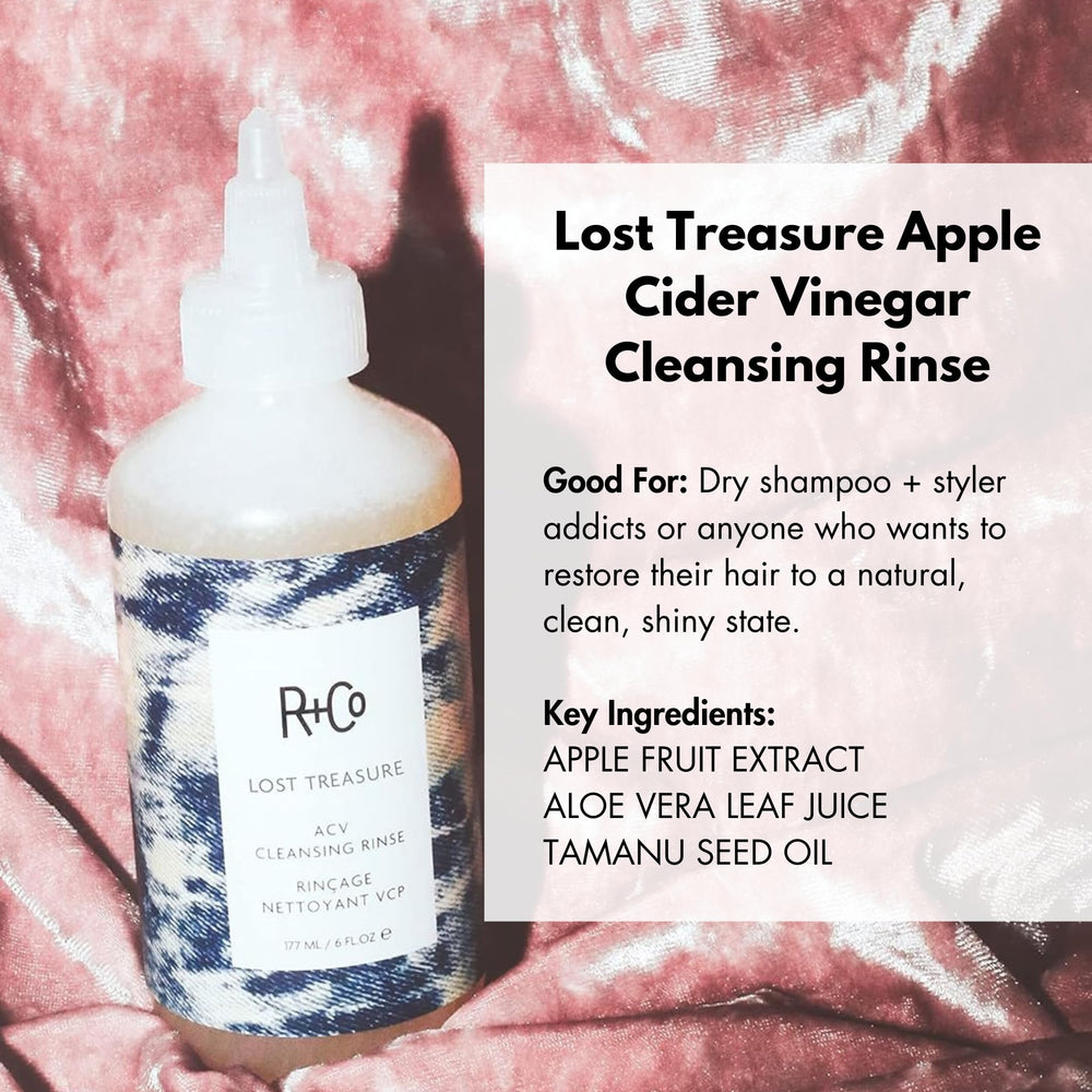 R+Co Lost Treasure ACV Cleansing Rinse label shows nourishing formula for shine