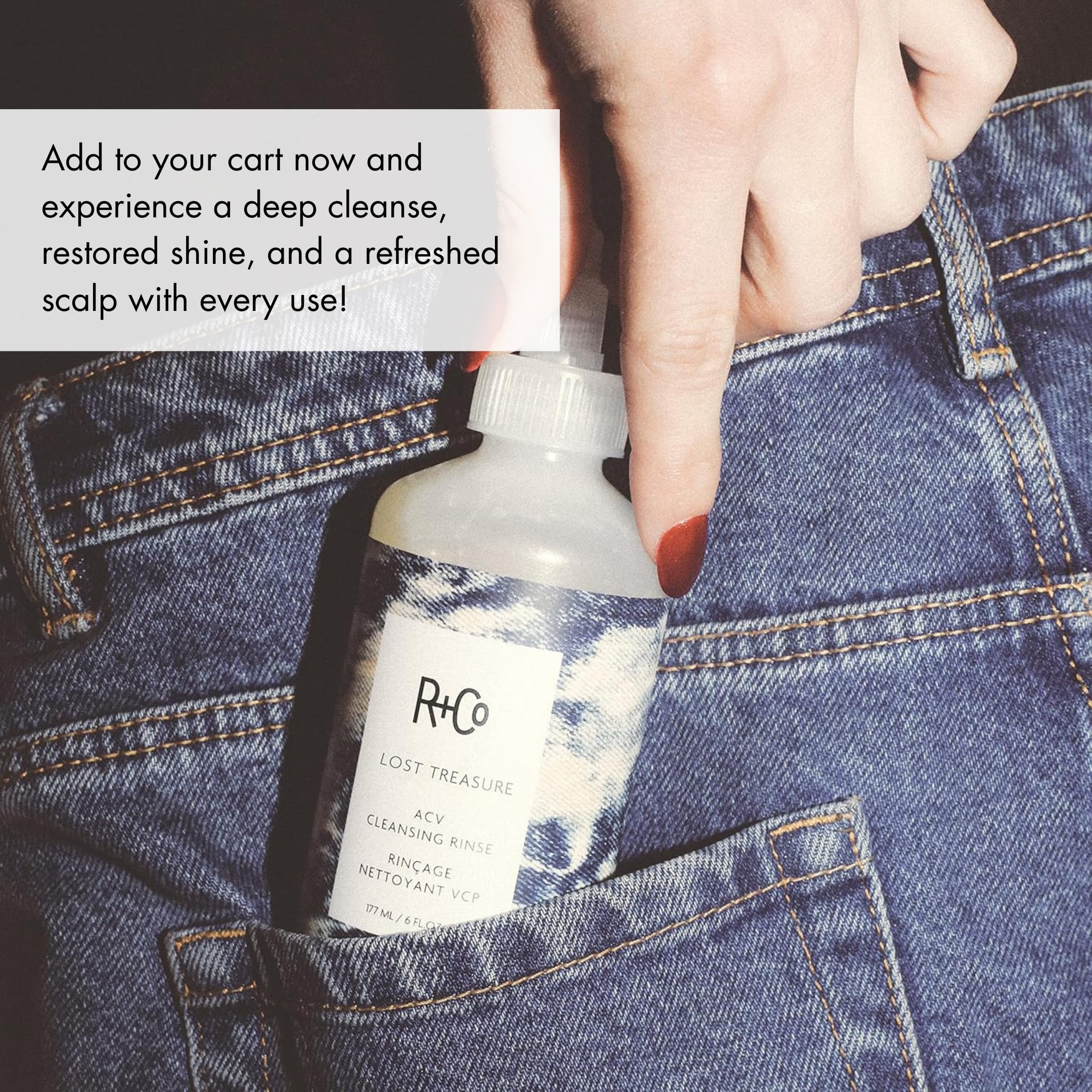 R+Co Lost Treasure ACV Cleansing Rinse texture shows softening without weighing hair