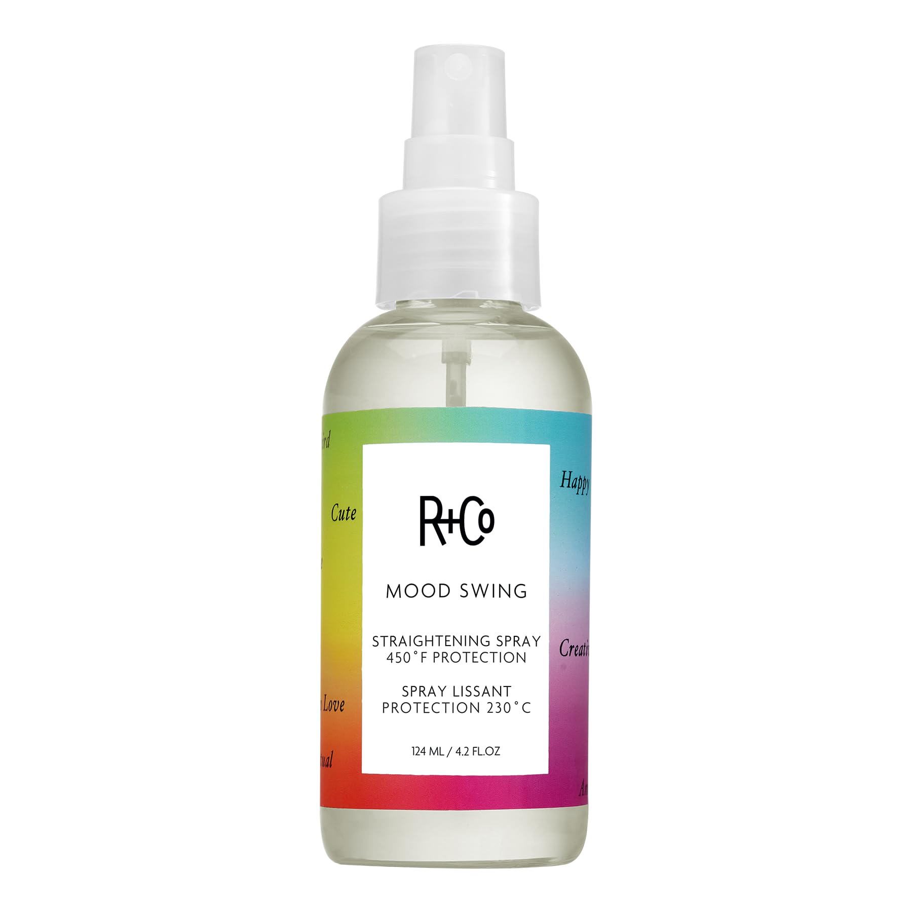 R+Co Mood Swing straightening spray bottle demonstrates heat-activated styling for smoother blowouts.
