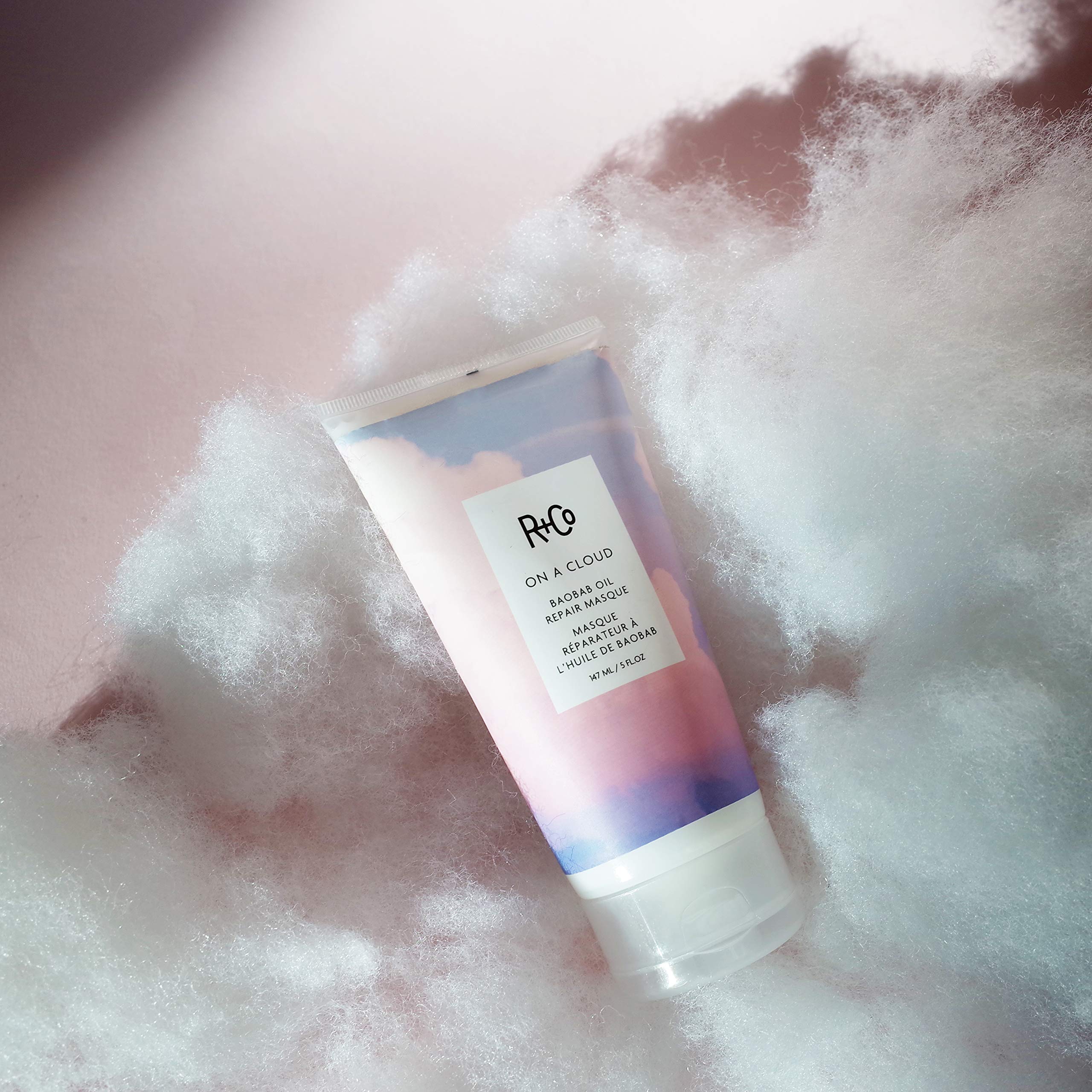 R+Co On A Cloud Baobab Oil Repair Masque packaging and lifestyle presentation