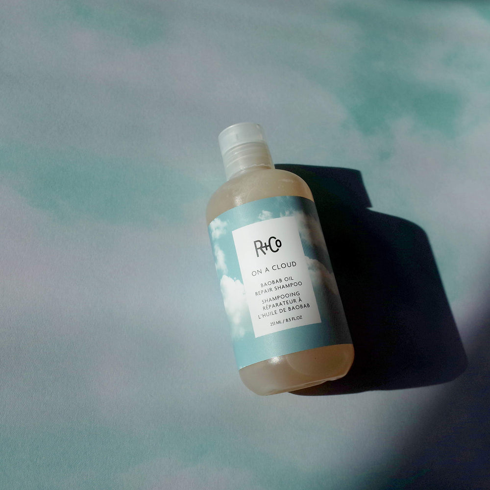 R+Co On A Cloud Baobab Repair Shampoo hair glow after washing.