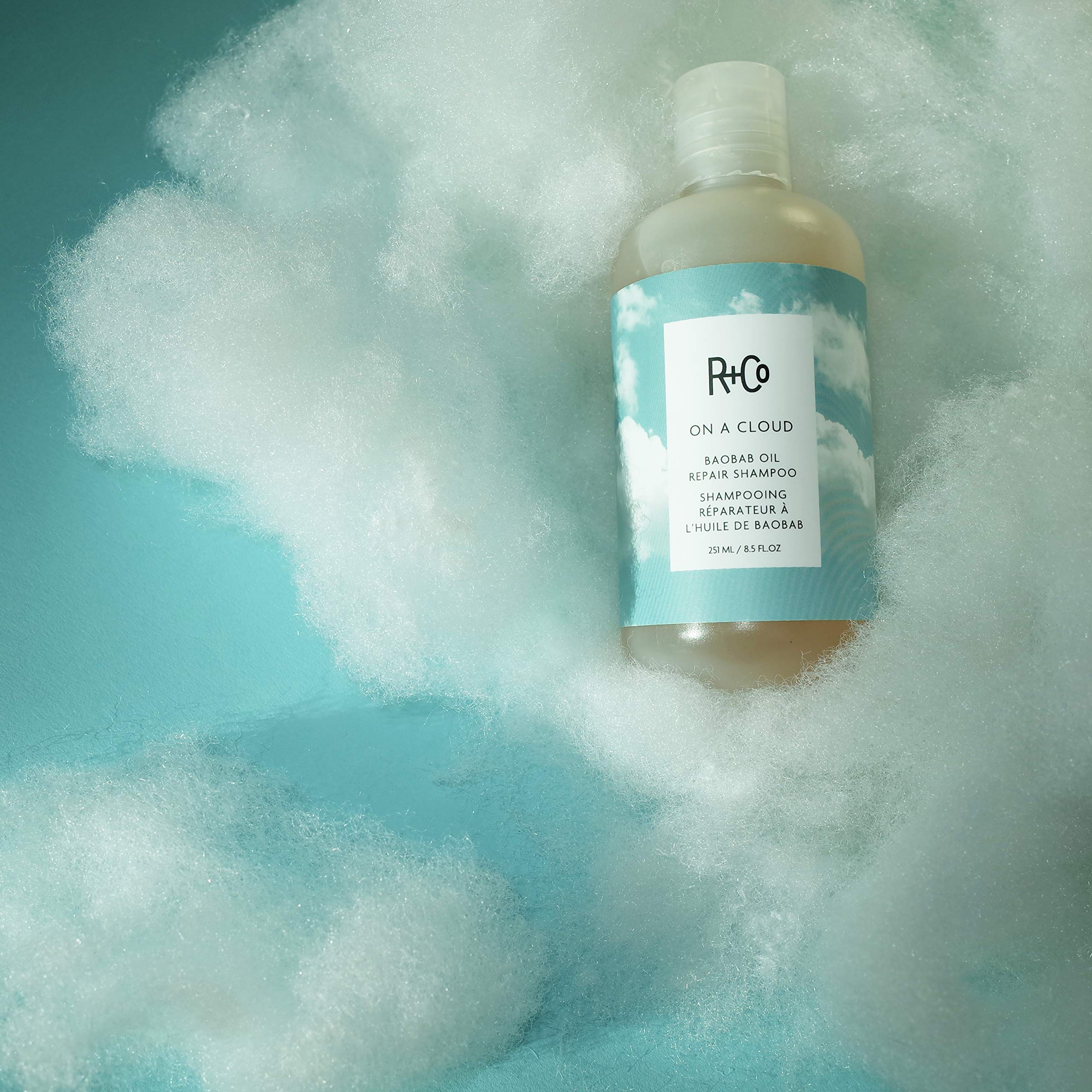 R+Co On A Cloud Baobab Repair Shampoo pack shot reflects premium care.