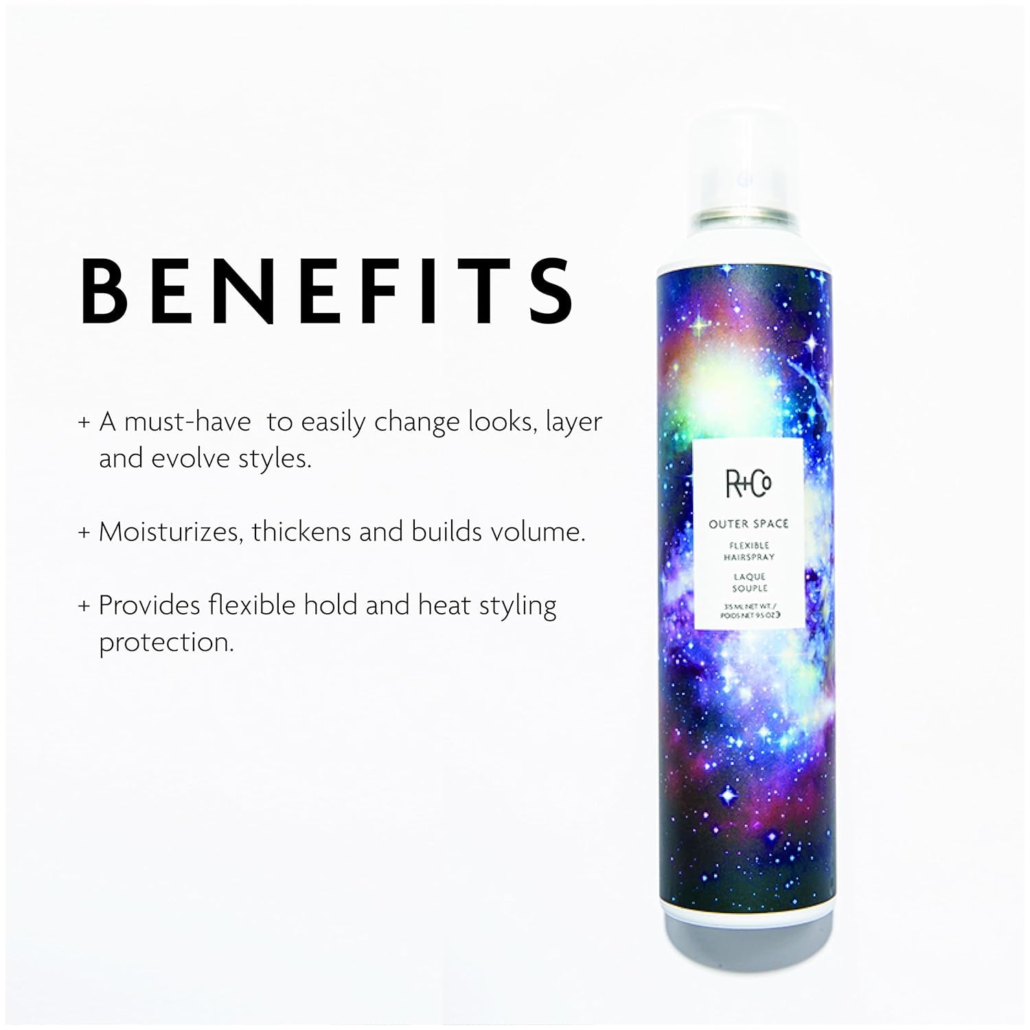 R+Co Outer Space Light Hair Spray misting application for effortless volume and texture.