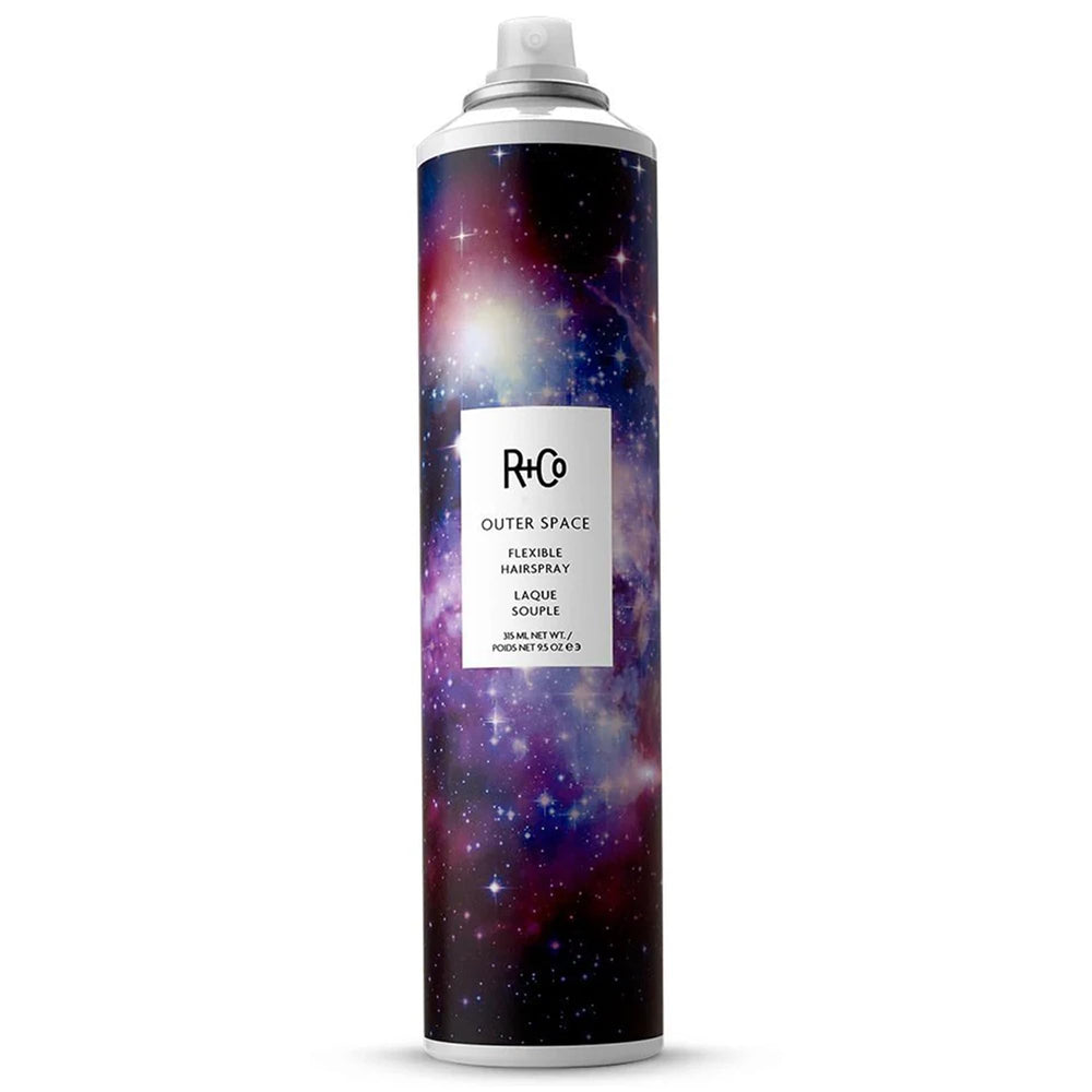 R+Co Outer Space Light Hair Spray bottle delivers flexible hold for all-day style.