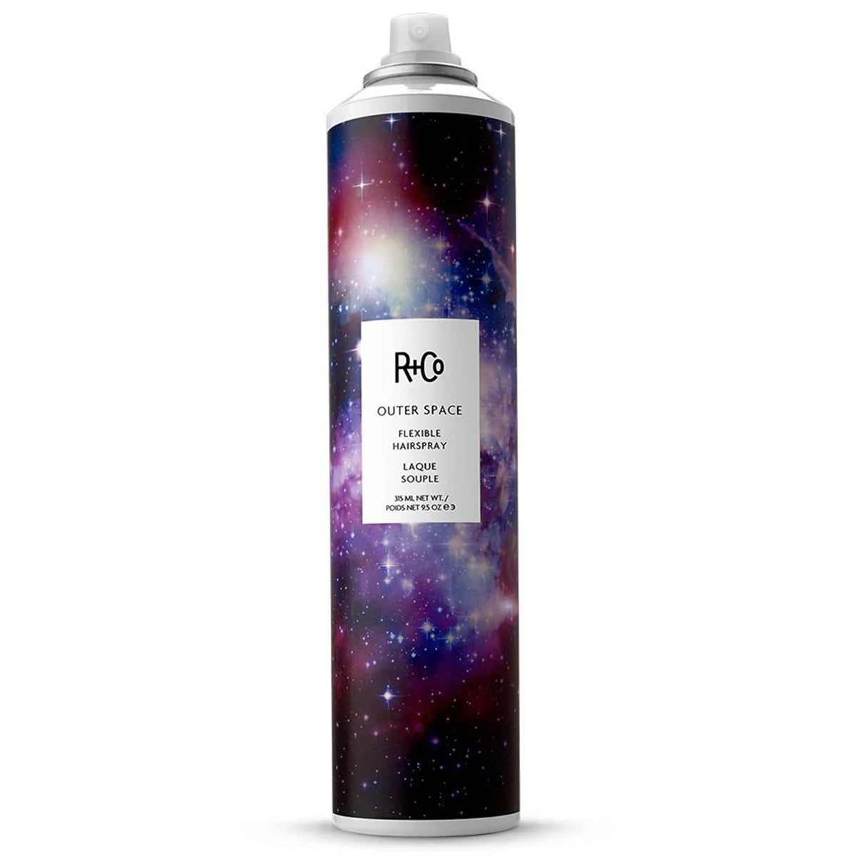 R+Co Outer Space Light Hair Spray bottle delivers flexible hold for all-day style.