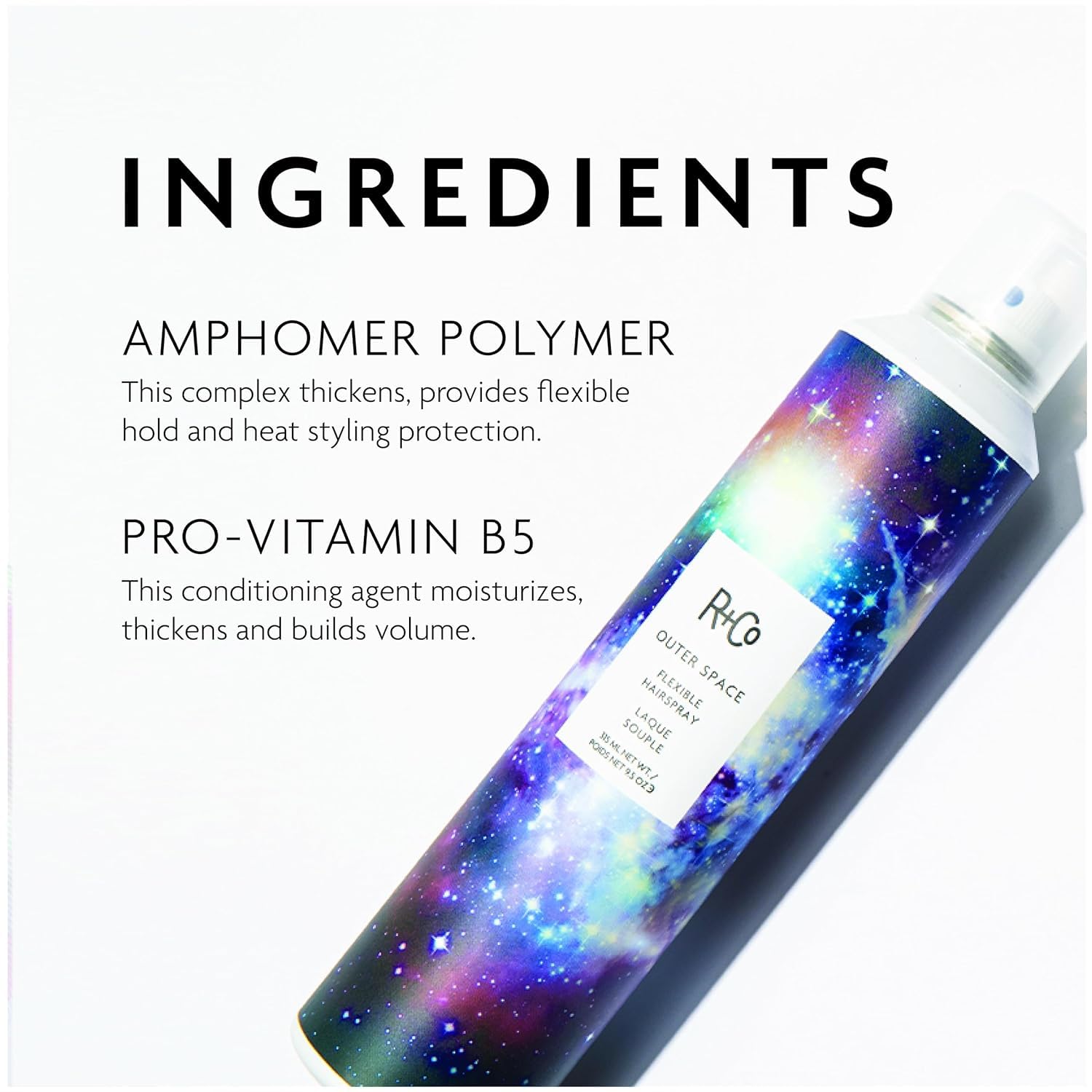 R+Co Outer Space Light Hair Spray bottle highlights heat protection during styling.