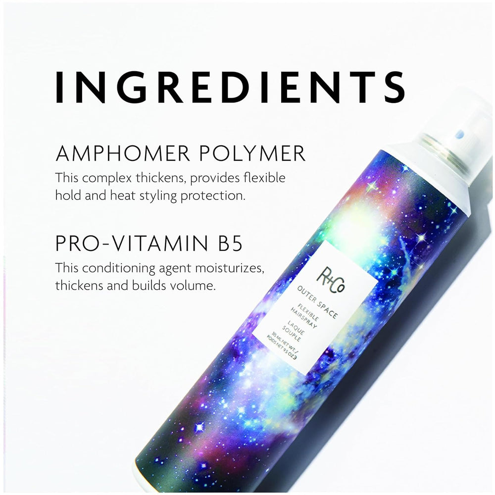 R+Co Outer Space Light Hair Spray bottle highlights heat protection during styling.