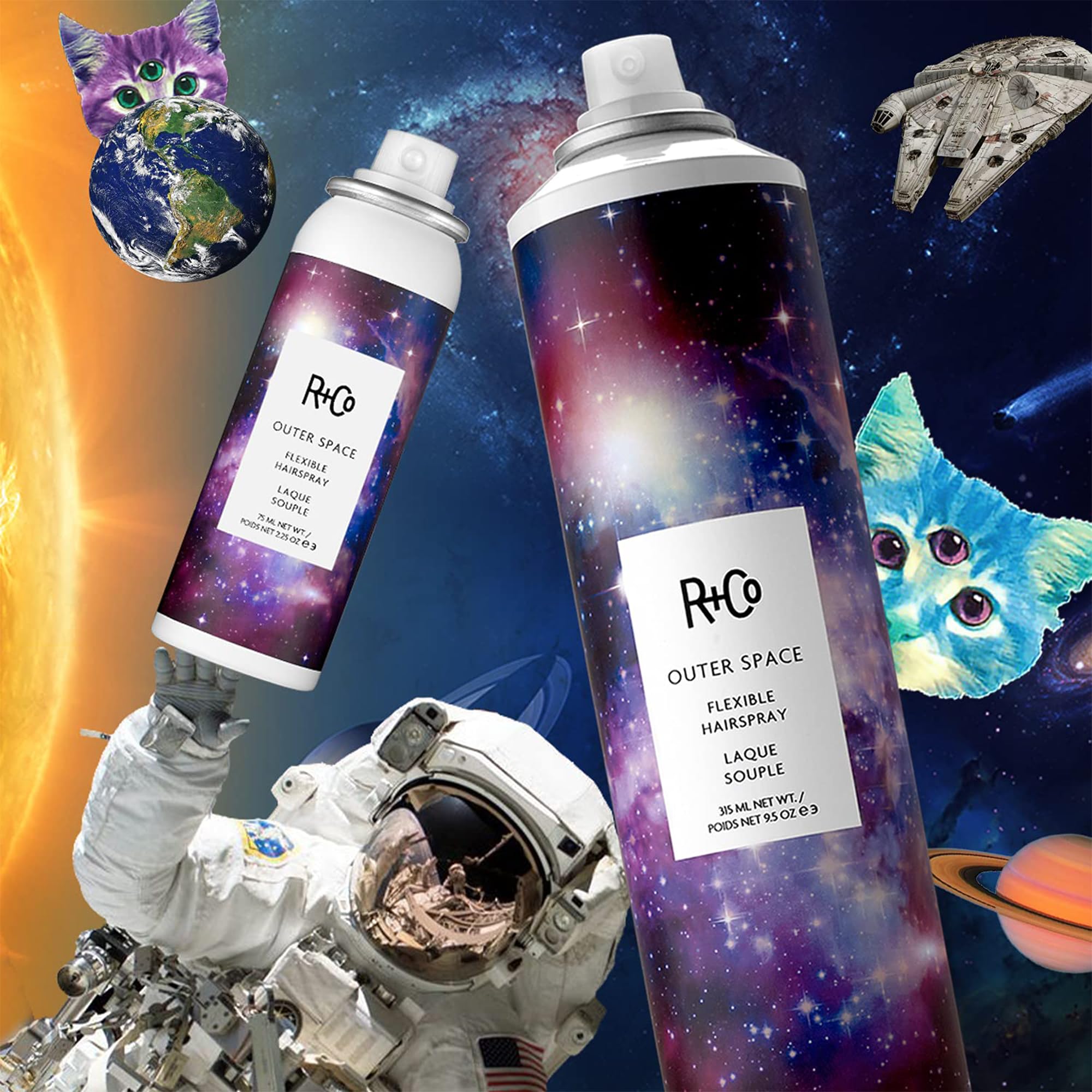 R+Co Outer Space Light Hair Spray nine-point-five-oz bottle for travel-ready hold memory.