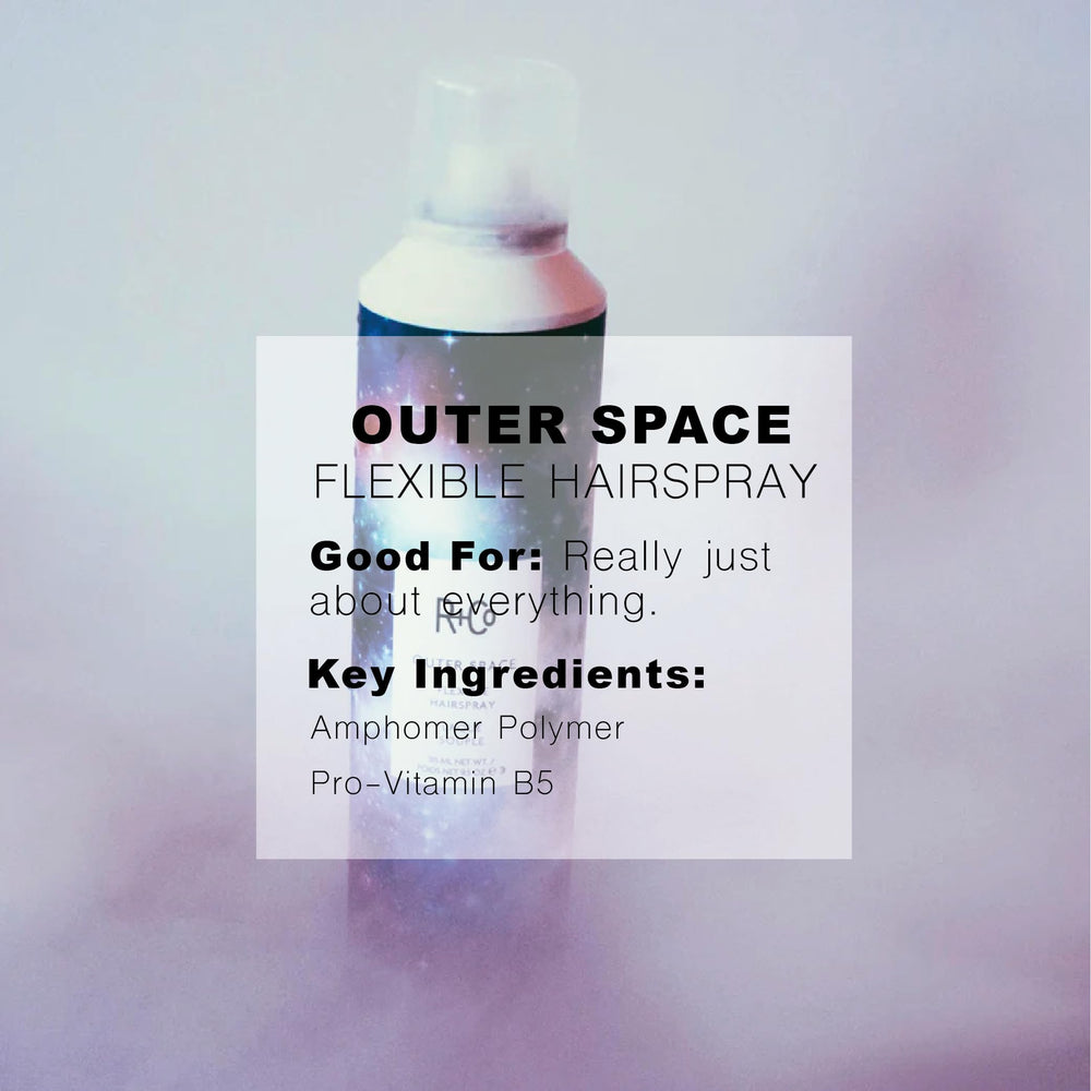 R+Co Outerspace Light Hair Spray mist demonstrates even coverage for easy styling