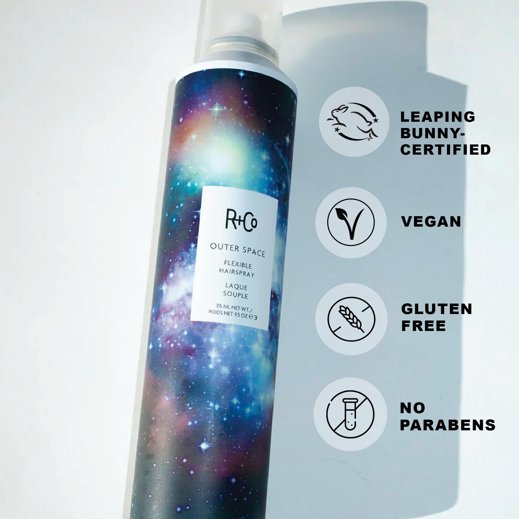 R+Co Outerspace Light Hair Spray two-pack packaging highlights convenient at-home and travel use