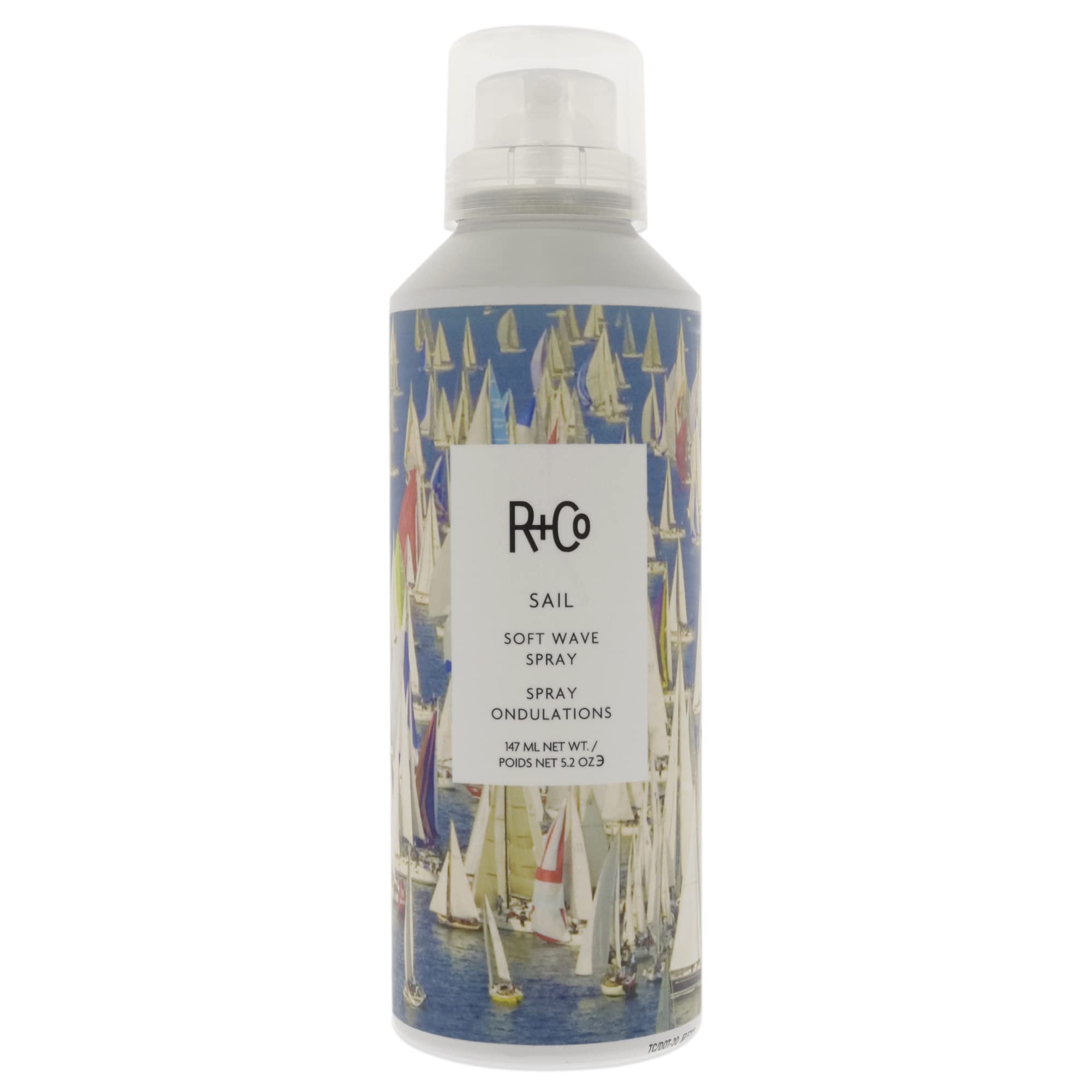 R+Co Sail Soft Wave Spray bottle front showing natural, shiny waves possibility