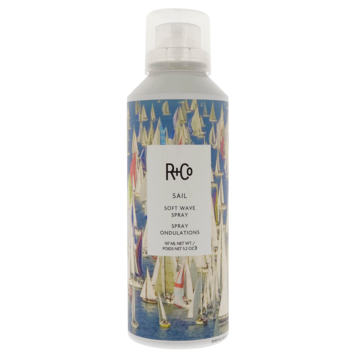 R+Co Sail Soft Wave Spray bottle front showing natural, shiny waves possibility